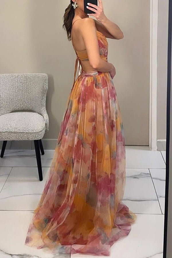 Deep V Neck Spaghetti Strap Cutout Waist Abstract Watercolor Print Tulle Maxi Dress