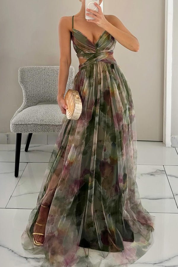Deep V Neck Spaghetti Strap Cutout Waist Abstract Watercolor Print Tulle Maxi Dress