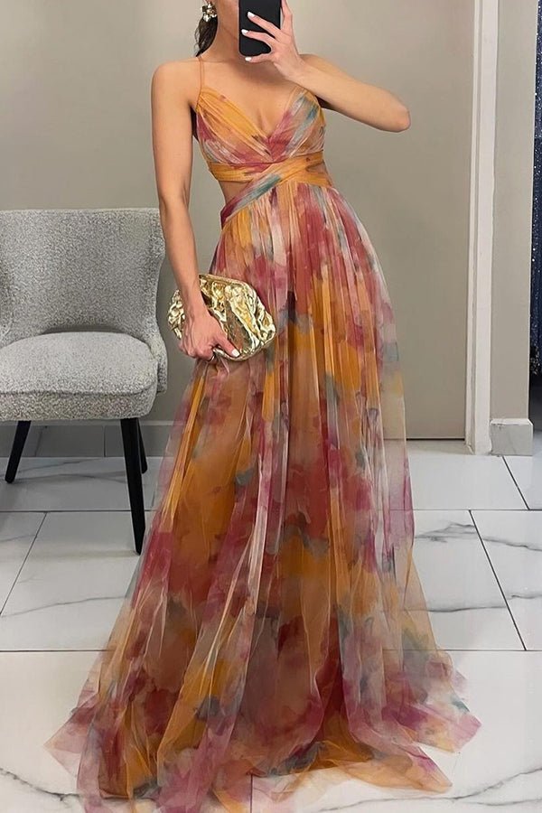 Deep V Neck Spaghetti Strap Cutout Waist Abstract Watercolor Print Tulle Maxi Dress