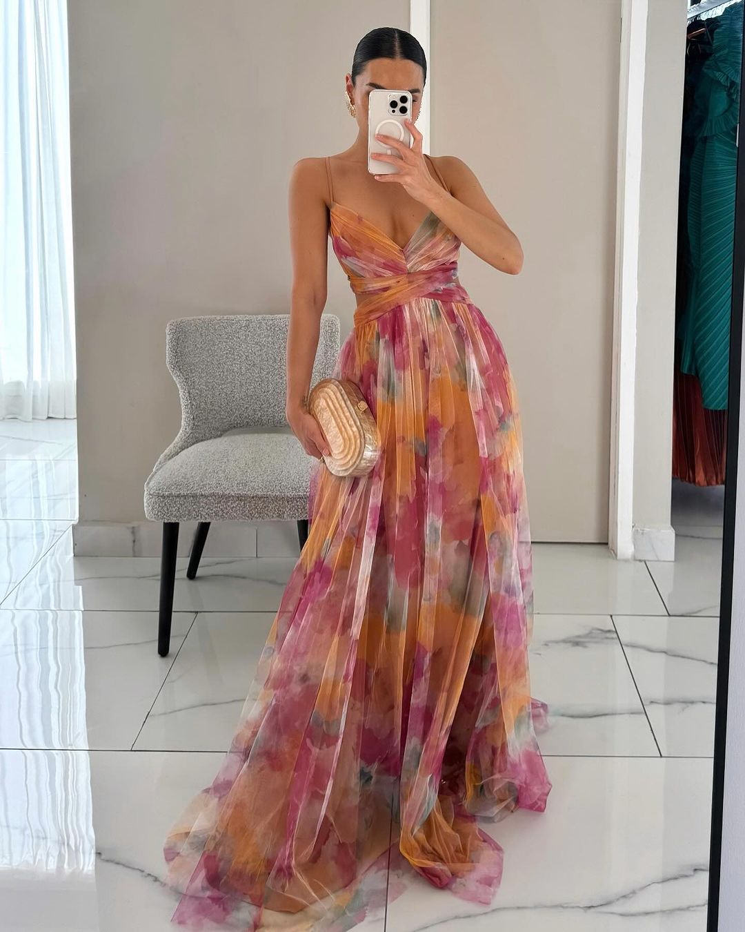Deep V Neck Spaghetti Strap Cutout Waist Abstract Watercolor Print Tulle Maxi Dress