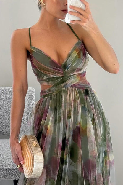 Deep V Neck Spaghetti Strap Cutout Waist Abstract Watercolor Print Tulle Maxi Dress