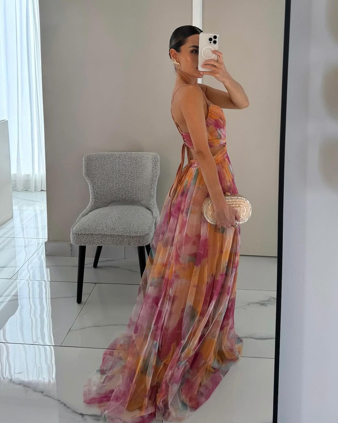Deep V Neck Spaghetti Strap Cutout Waist Abstract Watercolor Print Tulle Maxi Dress