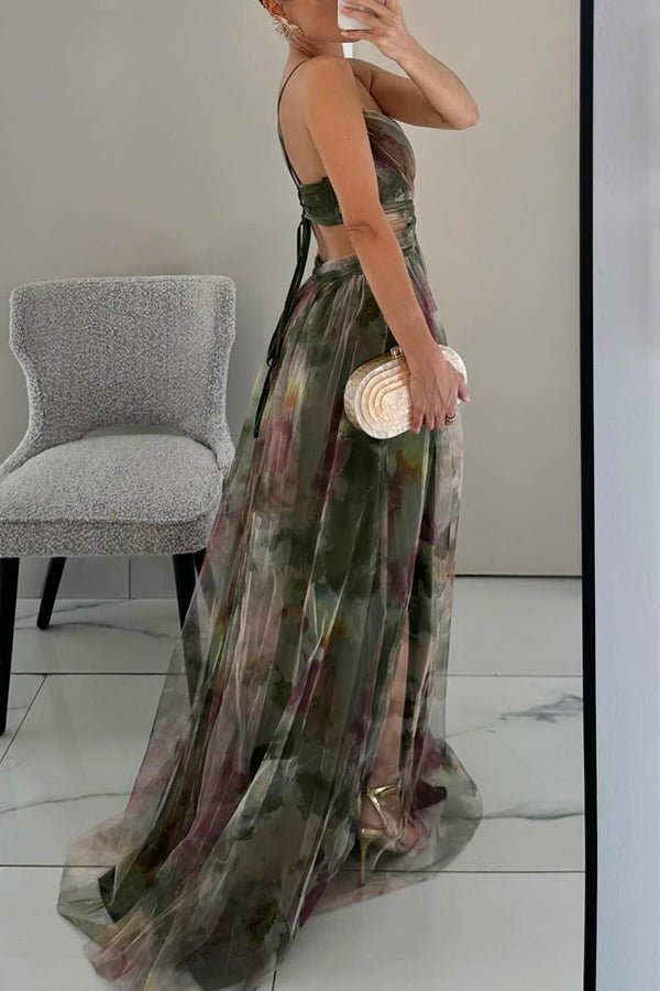 Deep V Neck Spaghetti Strap Cutout Waist Abstract Watercolor Print Tulle Maxi Dress