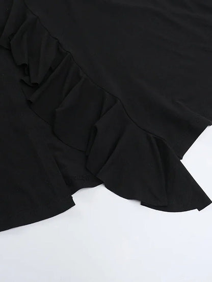Cowl Neck Choker Strap Side Ruffle Column Maxi Dress