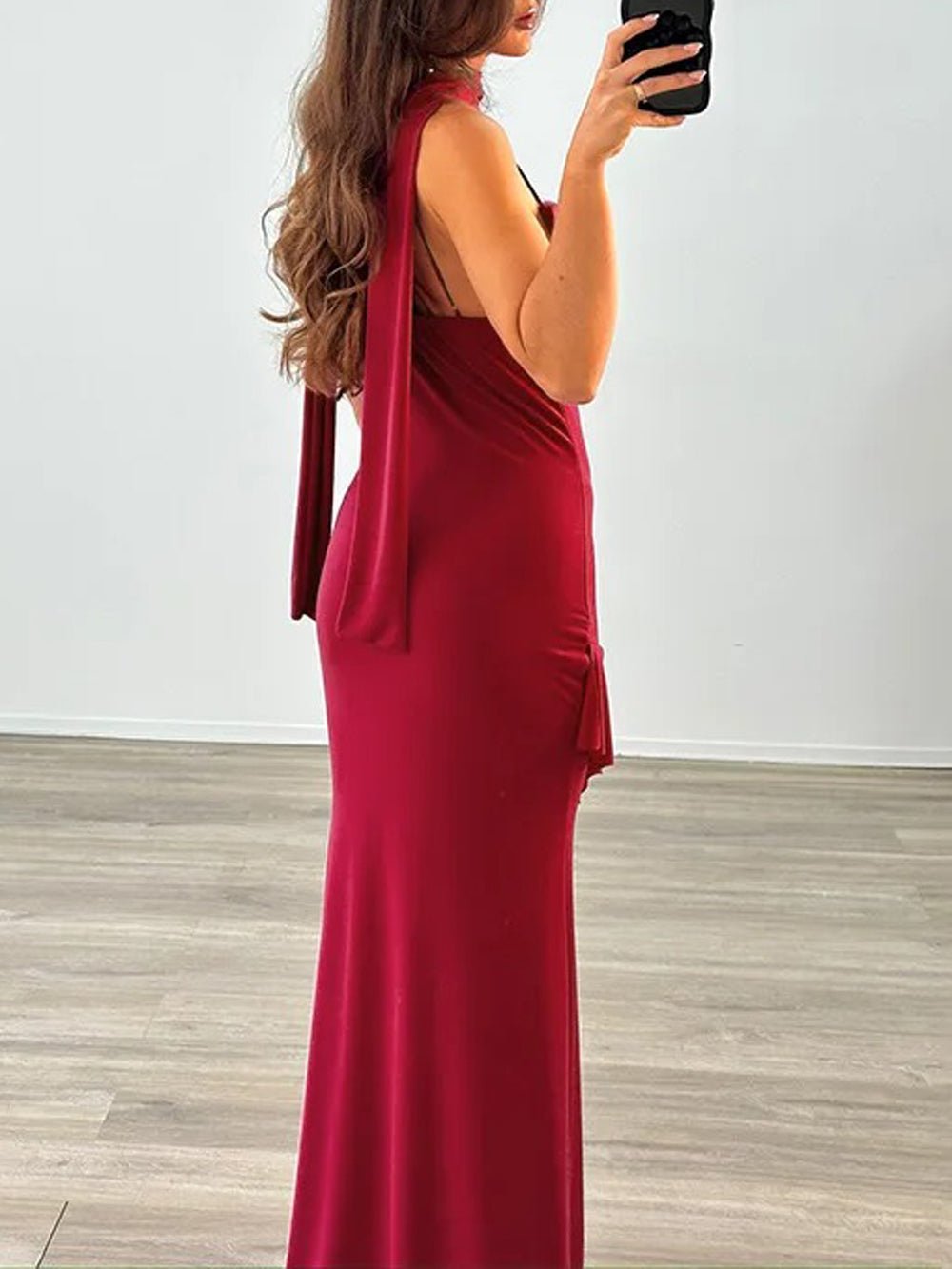 Cowl Neck Choker Strap Side Ruffle Column Maxi Dress