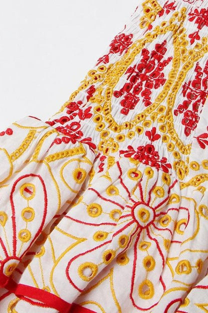 Off-Shoulder Floral Embroidered Lace-Up Eyelet Ruffle Trim Mini Dress