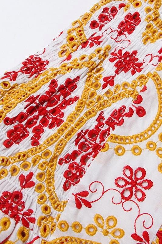 Off-Shoulder Floral Embroidered Lace-Up Eyelet Ruffle Trim Mini Dress