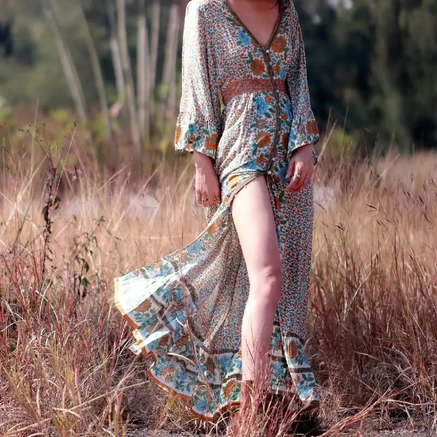 Flare Sleeve Button Down Printing Chic Boho Dress