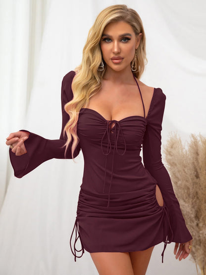 Sweetheart Neck Tie Front Halter Strap Side Cutout Drawstring Ruched Bell Sleeve Mini Dress