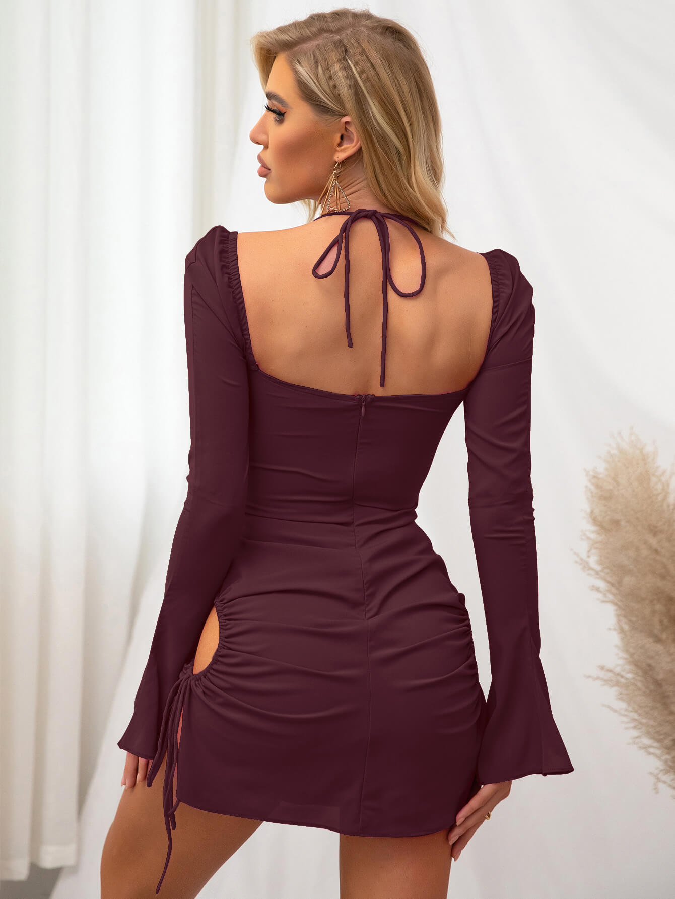 Sweetheart Neck Tie Front Halter Strap Side Cutout Drawstring Ruched Bell Sleeve Mini Dress