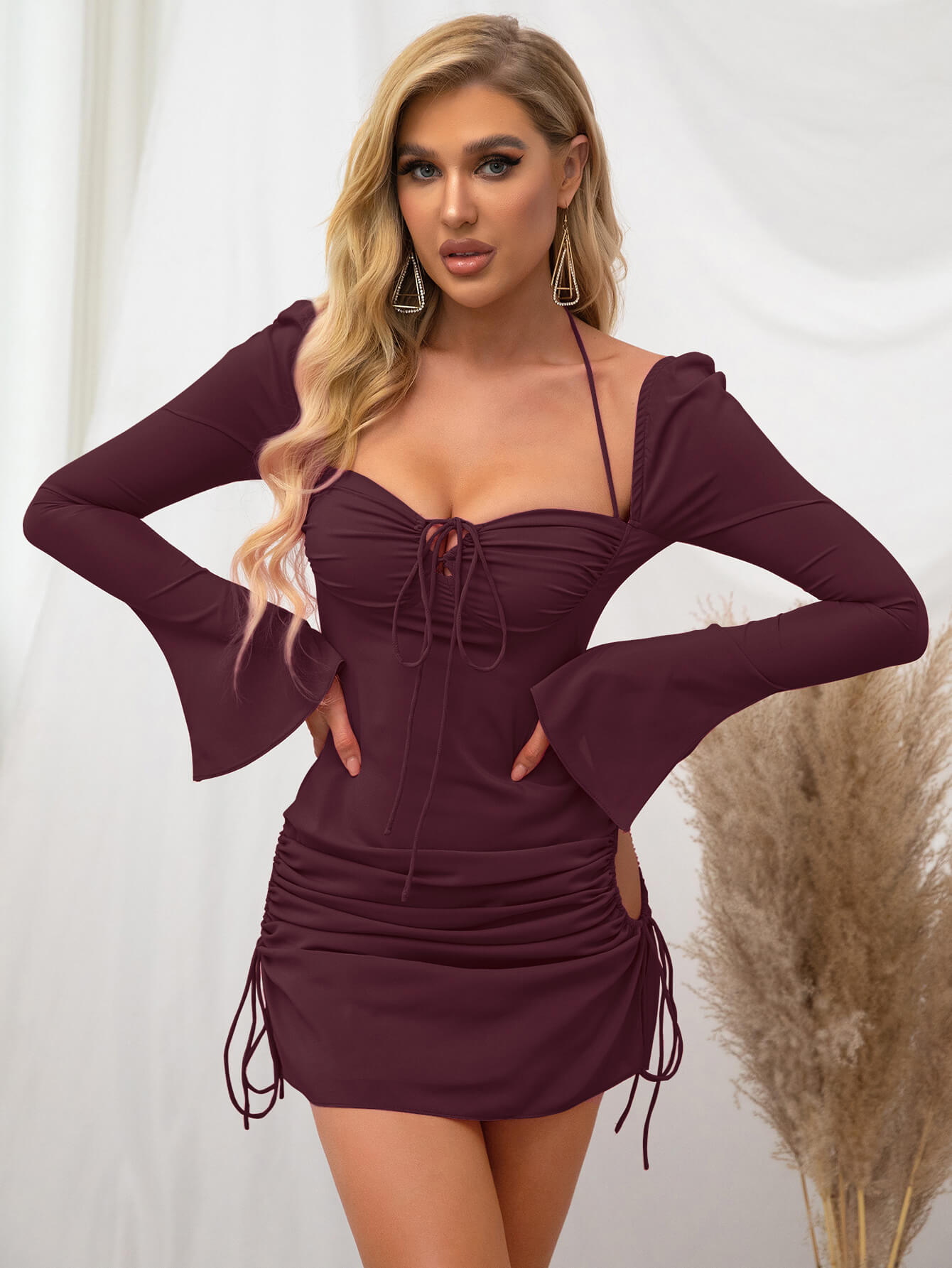 Sweetheart Neck Tie Front Halter Strap Side Cutout Drawstring Ruched Bell Sleeve Mini Dress