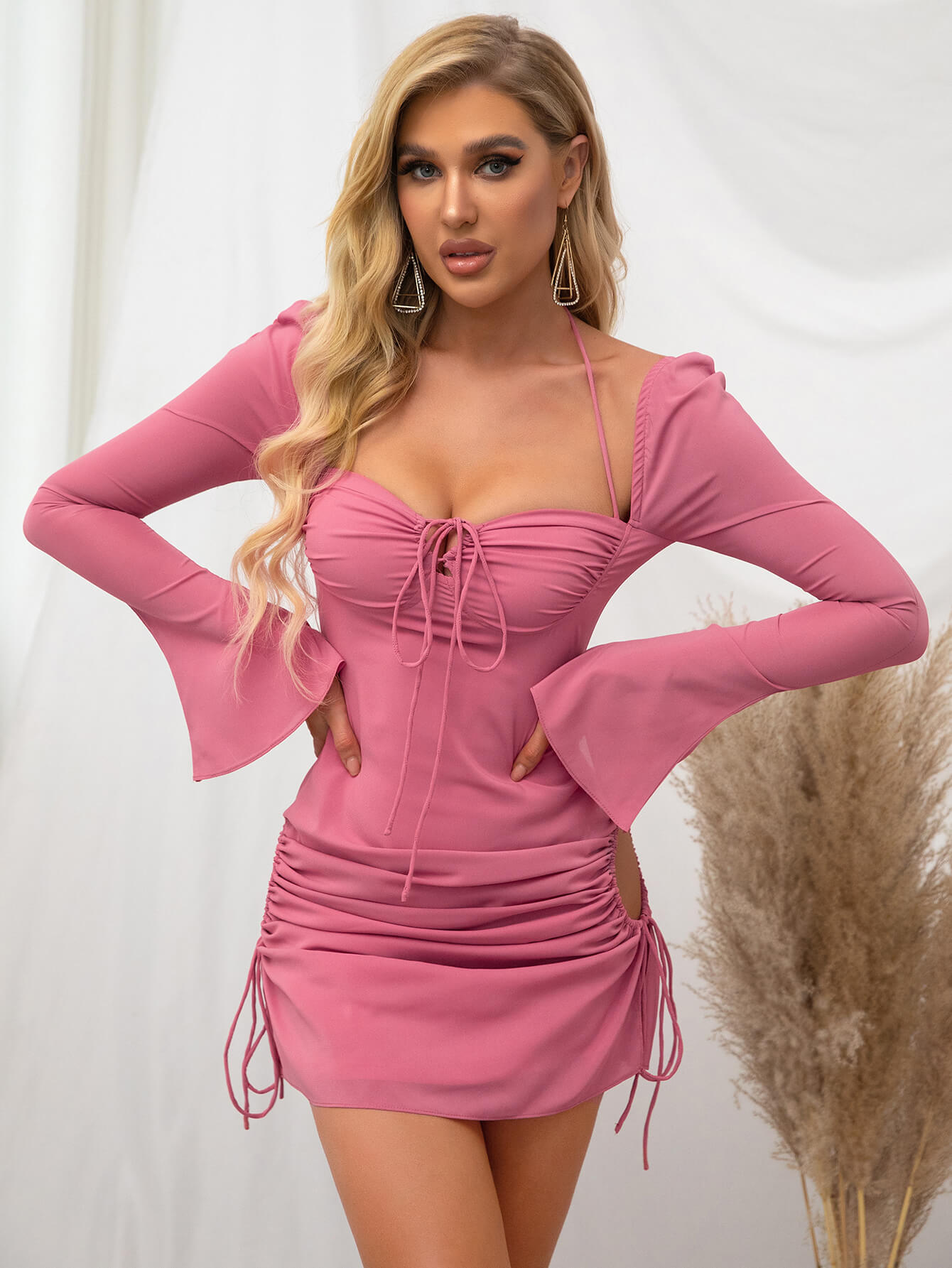 Sweetheart Neck Tie Front Halter Strap Side Cutout Drawstring Ruched Bell Sleeve Mini Dress