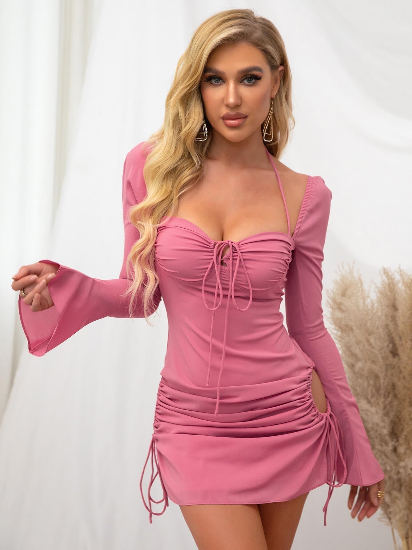 Sweetheart Neck Tie Front Halter Strap Side Cutout Drawstring Ruched Bell Sleeve Mini Dress