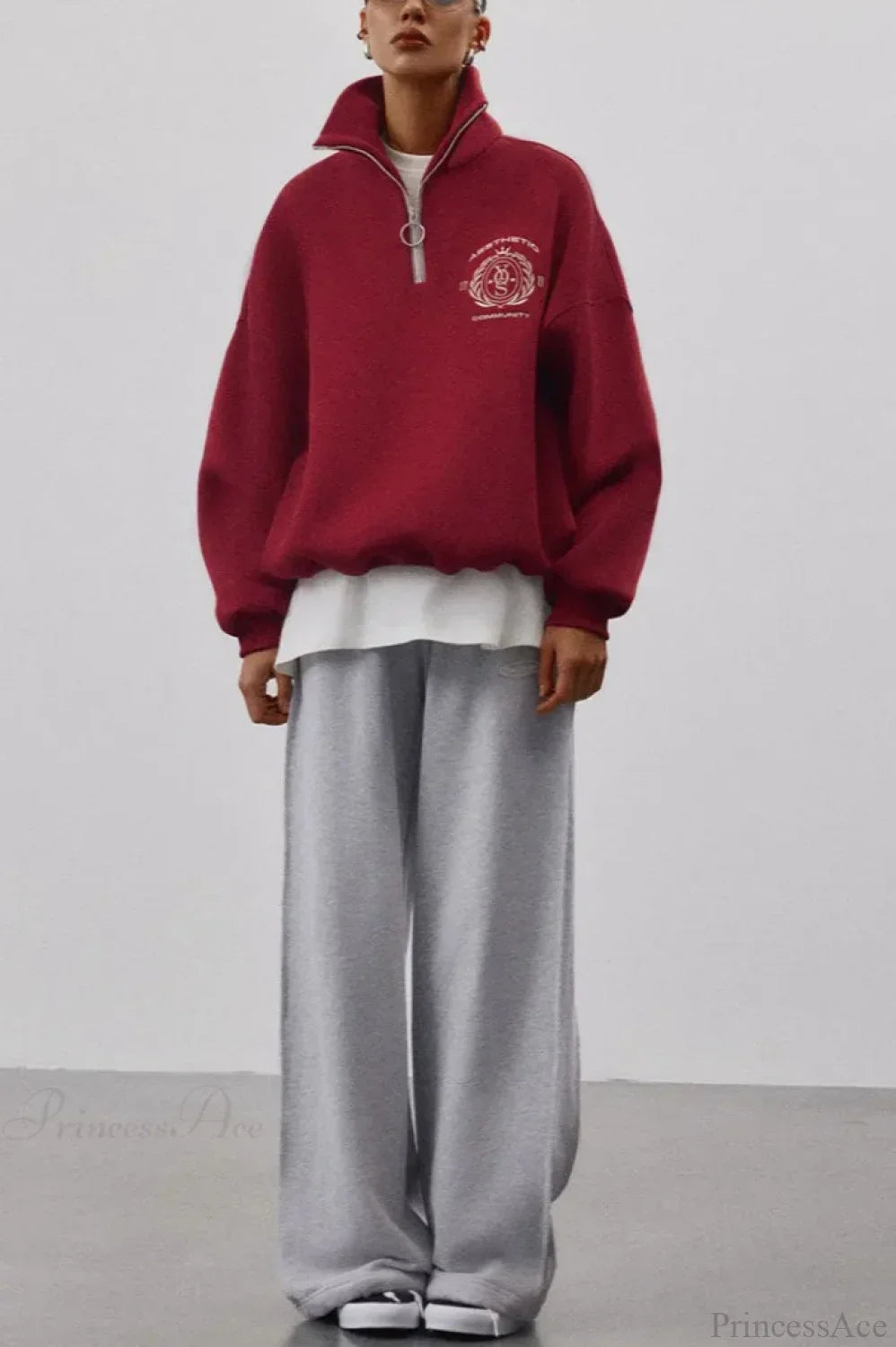 Fleece-Lined Letter Embroidery Stand Collar Half-Zip Sweatshirt