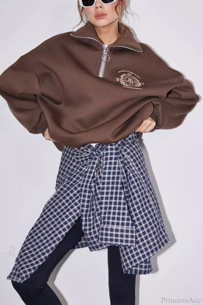 Fleece-Lined Letter Embroidery Stand Collar Half-Zip Sweatshirt