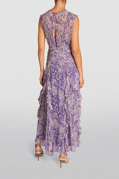 Abstract Print Tiered Ruffle Cascade Maxi Dress