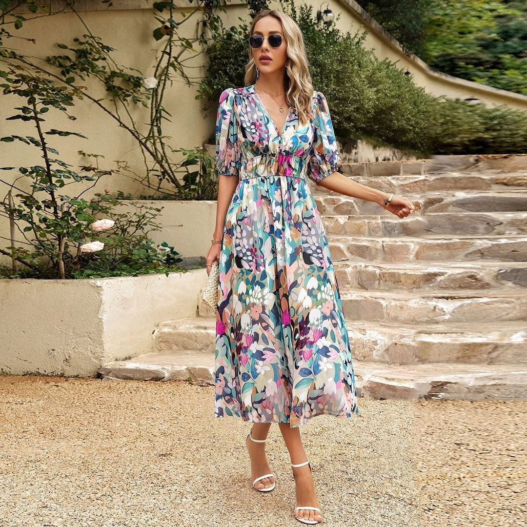 Abstract Floral Print Deep V-Neck Puff Sleeve Smocked Waist A-Line Midi Dress