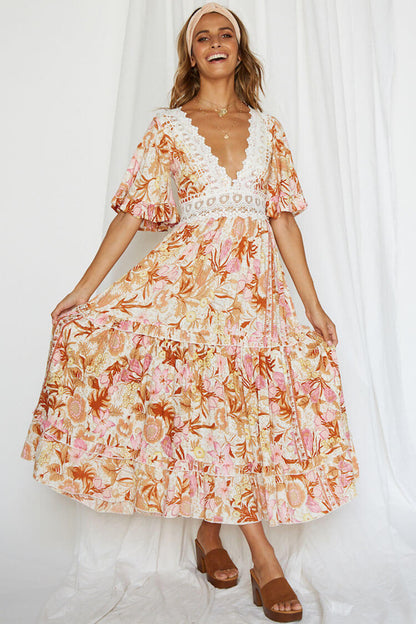 Floral Print Lace Trim Flutter Sleeve Empire Waist Tiered Maxi Dress