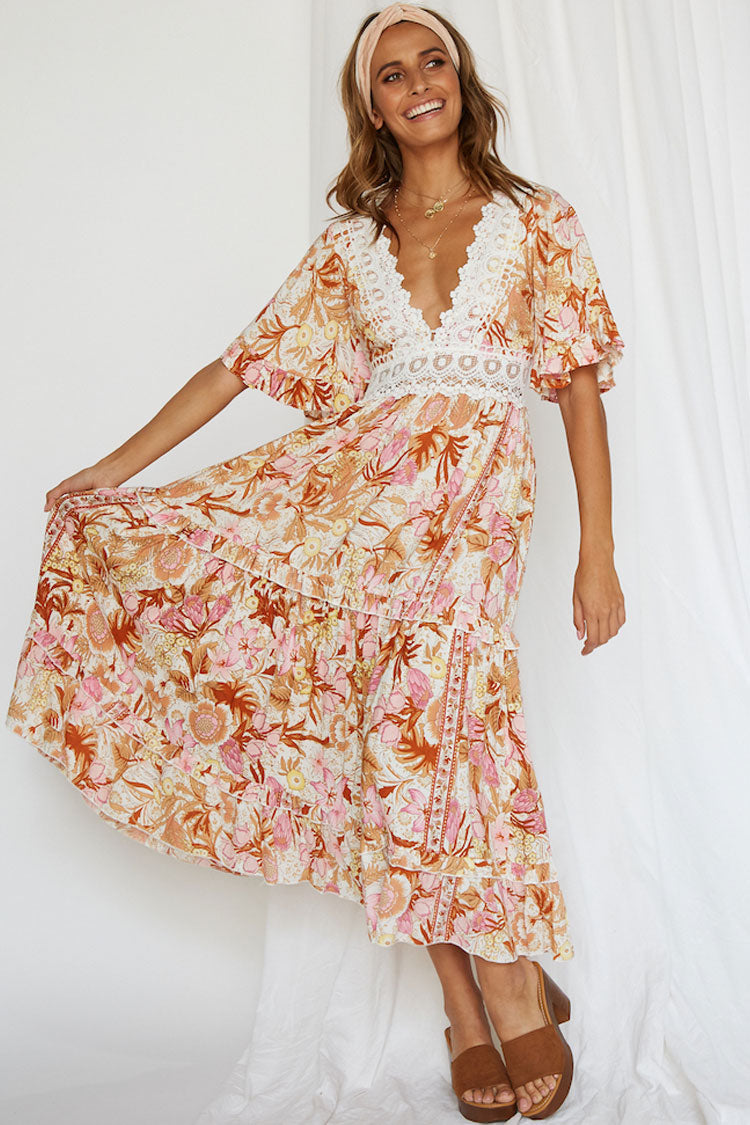 Floral Print Lace Trim Flutter Sleeve Empire Waist Tiered Maxi Dress