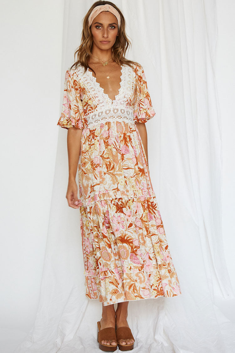 Floral Print Lace Trim Flutter Sleeve Empire Waist Tiered Maxi Dress