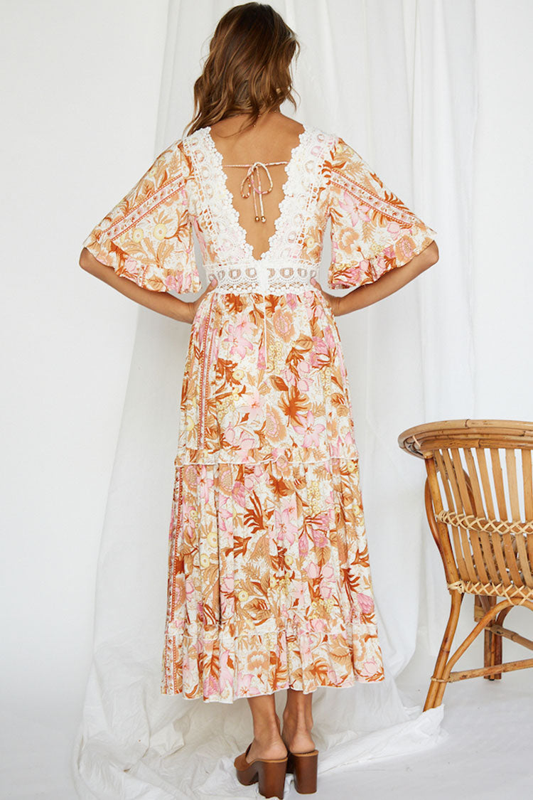 Floral Print Lace Trim Flutter Sleeve Empire Waist Tiered Maxi Dress