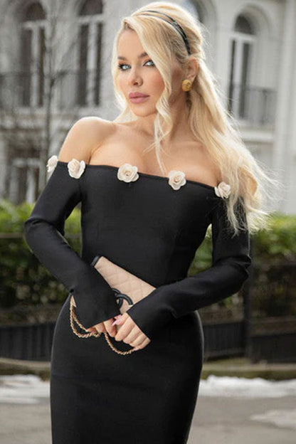 Off the Shoulder Long Sleeve Floral Applique Neckline Bodycon Mini Dress