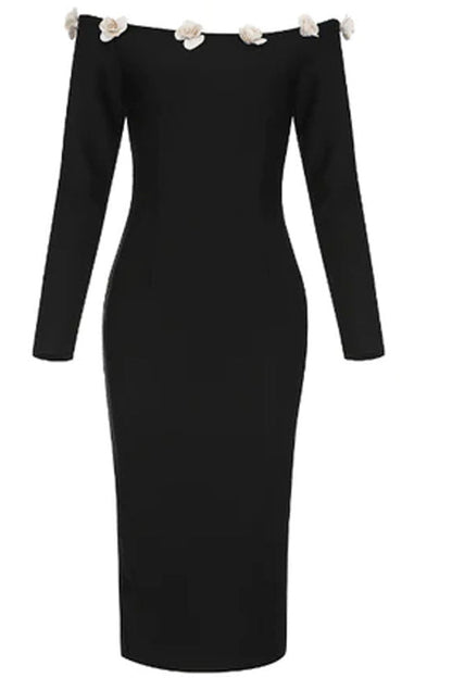 Off the Shoulder Long Sleeve Floral Applique Neckline Bodycon Mini Dress