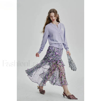 Floral Chiffon Ruffled Slit Skirt