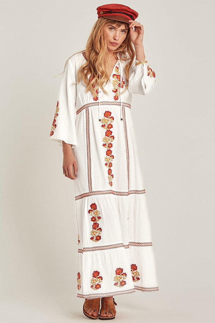 Floral Embroidered Tie Neck Bell Sleeve Tiered Border Trim Maxi Dress