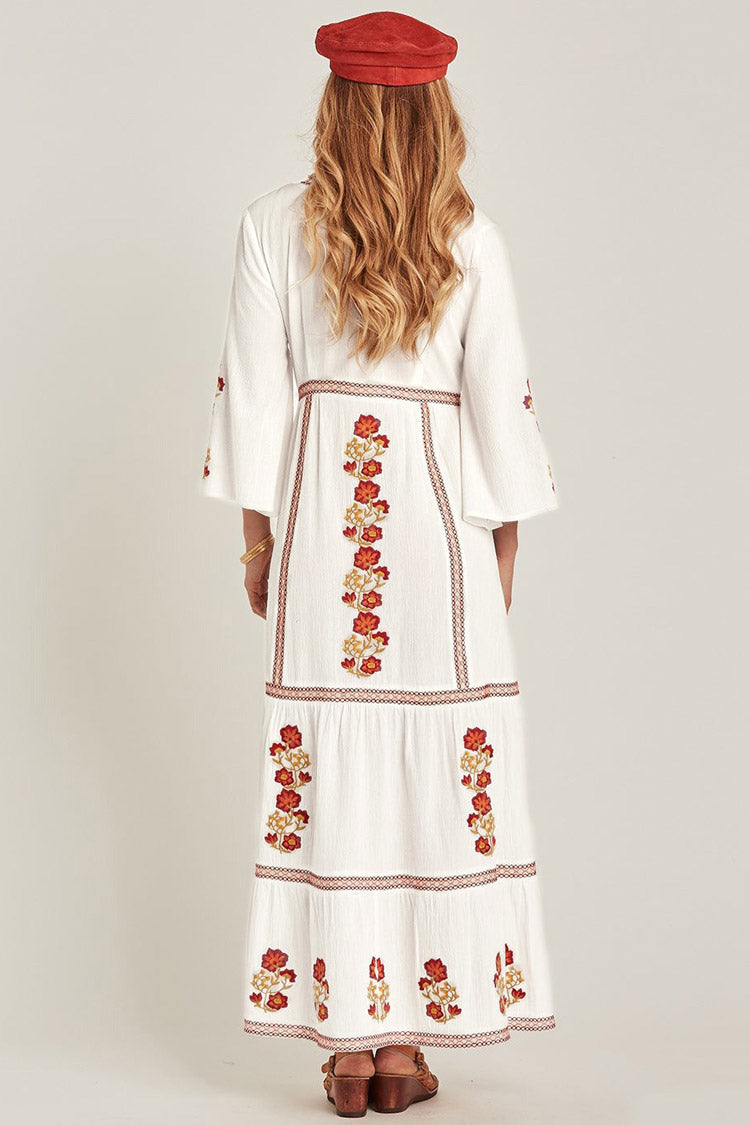 Floral Embroidered Tie Neck Bell Sleeve Tiered Border Trim Maxi Dress