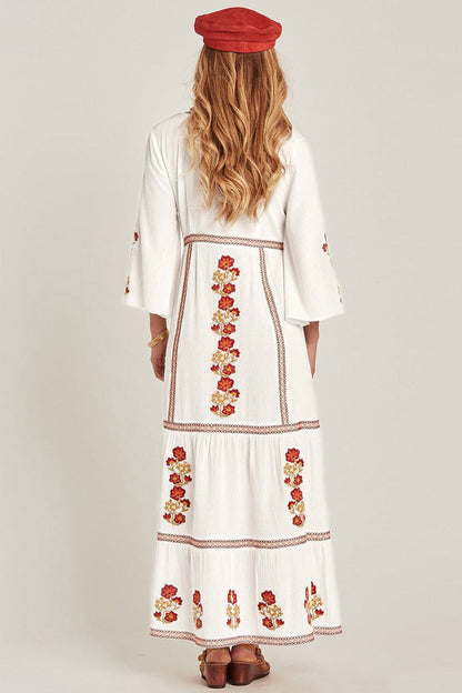 Floral Embroidered Tie Neck Bell Sleeve Tiered Border Trim Maxi Dress
