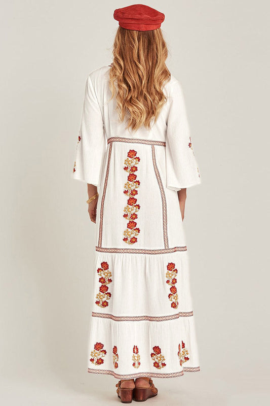 Floral Embroidered Tie Neck Bell Sleeve Tiered Border Trim Maxi Dress