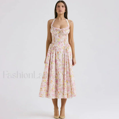 Floral Halter Backless Midi Dress