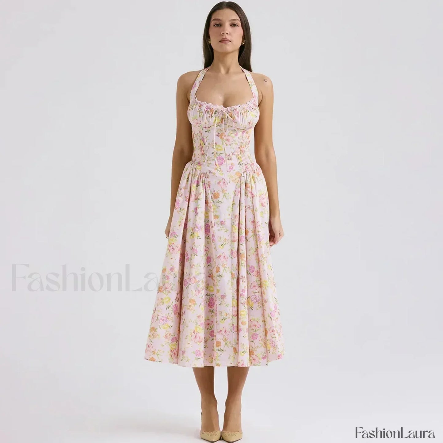 Floral Halter Backless Midi Dress