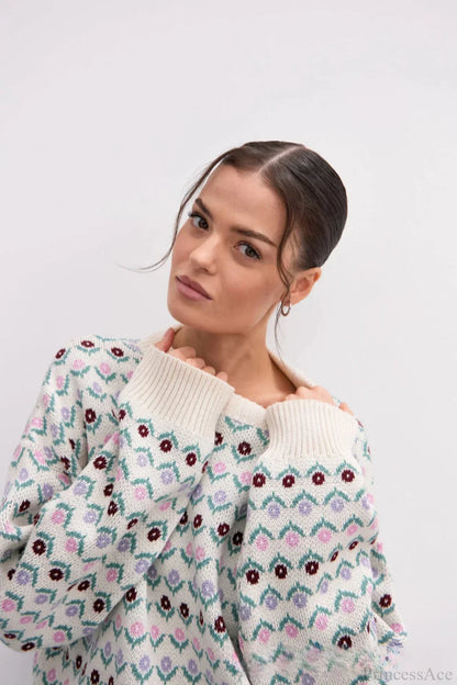 Floral Jacquard Crew Neck Knit Sweater