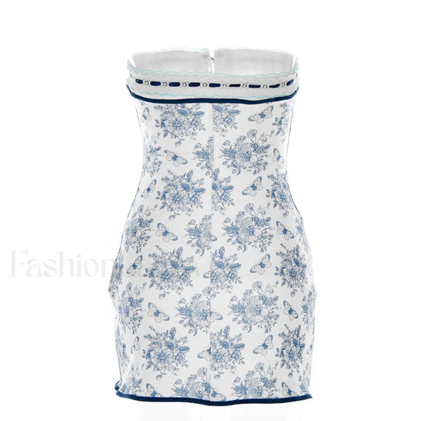 Floral Lace Trim Tie Front Strapless Mini Dress - Blue