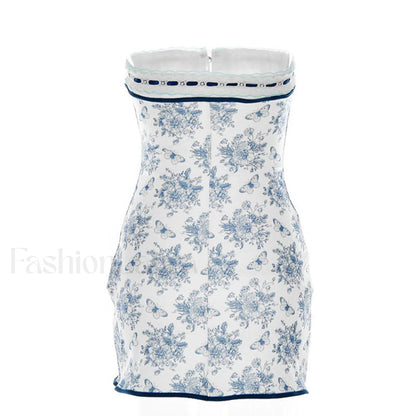 Floral Lace Trim Tie Front Strapless Mini Dress - Blue