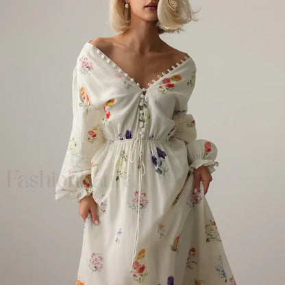 Floral Lantern-Sleeve Boho Dress