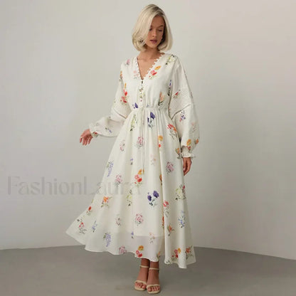 Floral Lantern-Sleeve Boho Dress