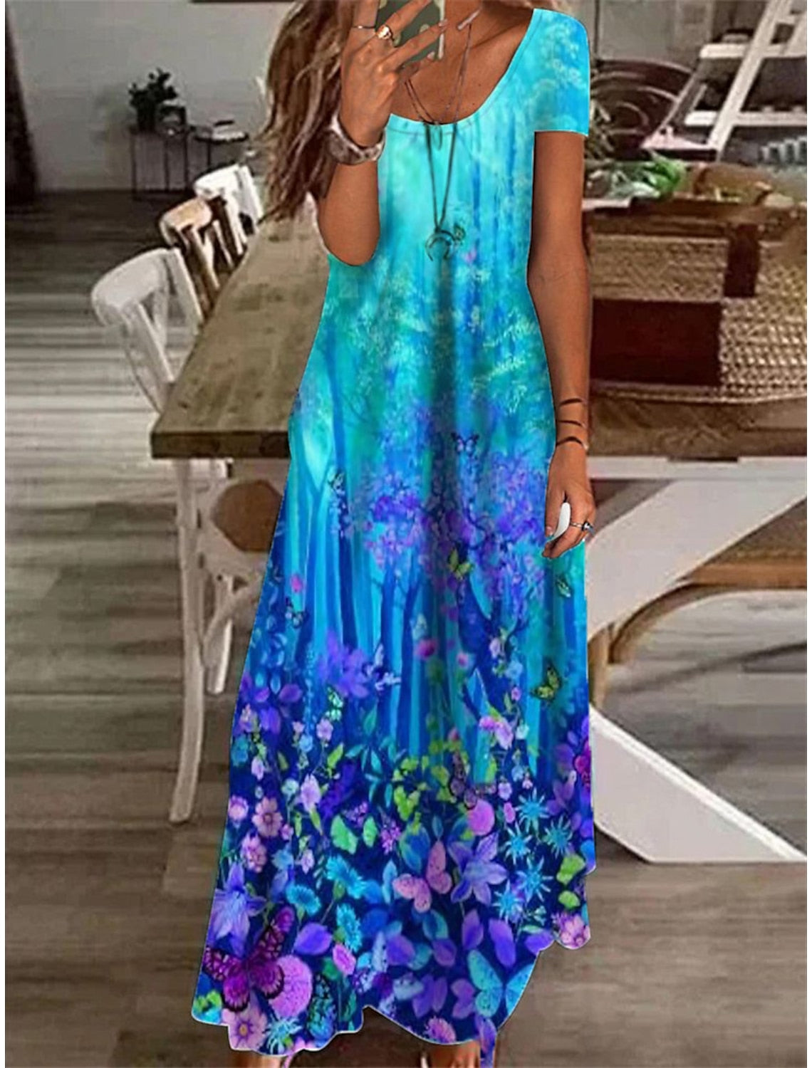 Watercolor Floral Panel Scoop Neck Short Sleeve A-Line Maxi Dress