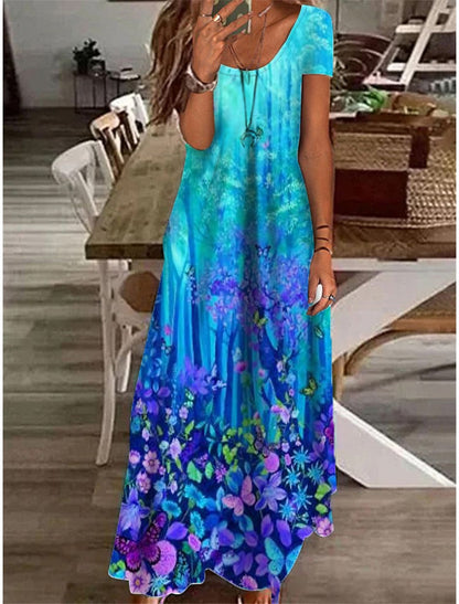 Watercolor Floral Panel Scoop Neck Short Sleeve A-Line Maxi Dress