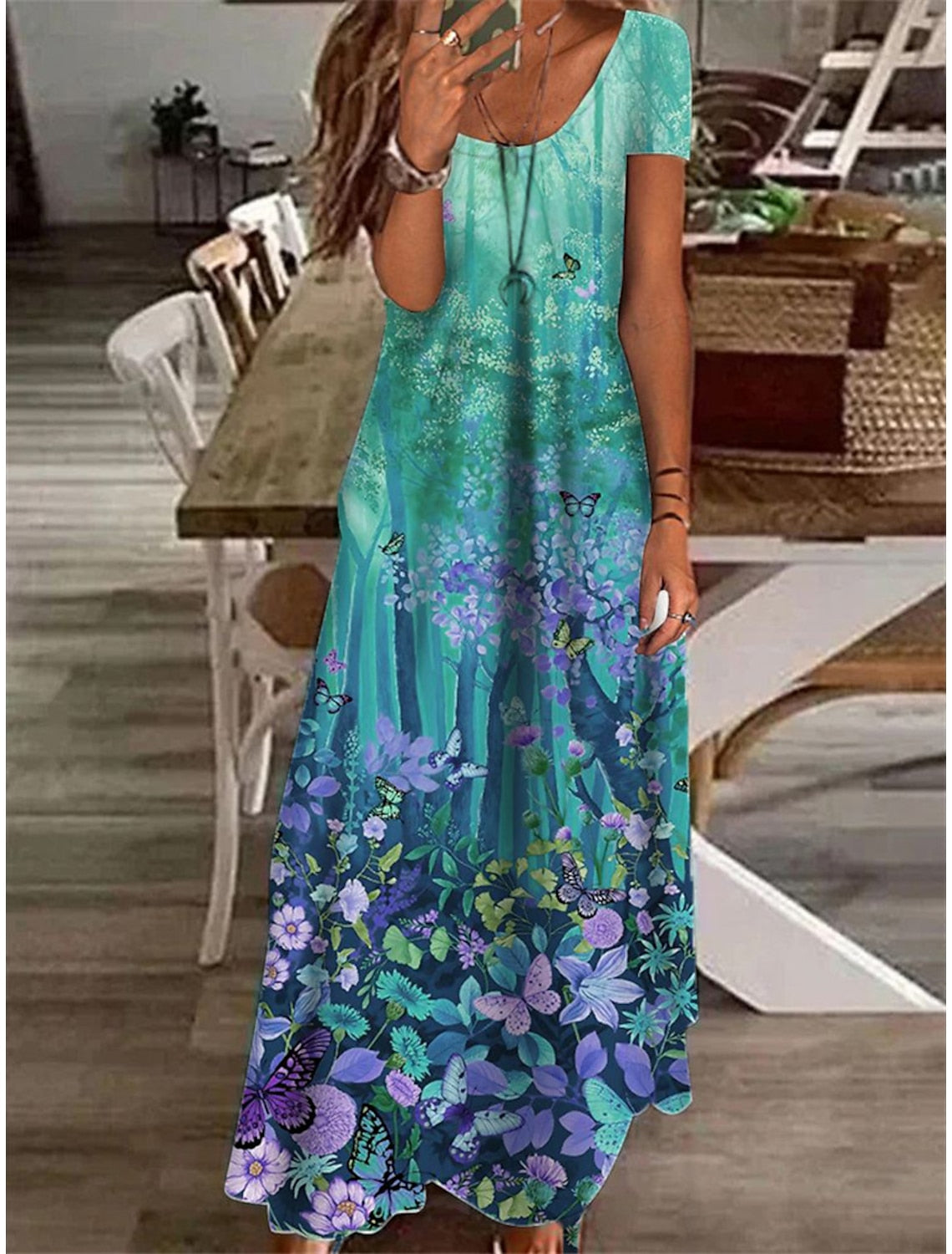 Watercolor Floral Panel Scoop Neck Short Sleeve A-Line Maxi Dress