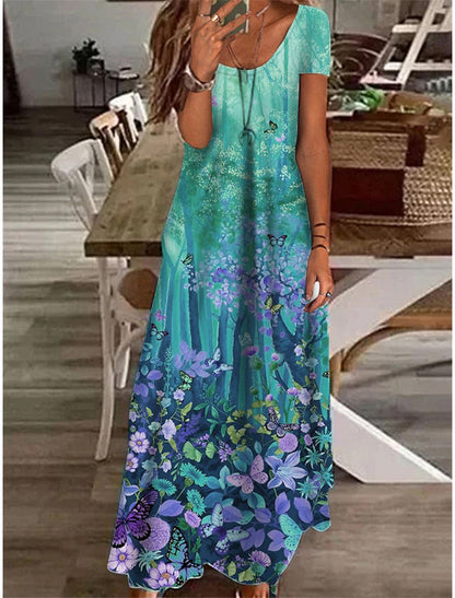 Watercolor Floral Panel Scoop Neck Short Sleeve A-Line Maxi Dress