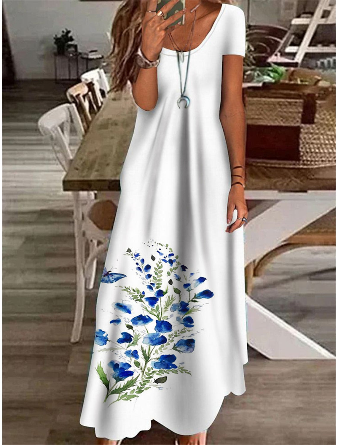 Watercolor Floral Panel Scoop Neck Short Sleeve A-Line Maxi Dress