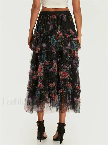 Floral Mesh Tiered Tulle Skirt