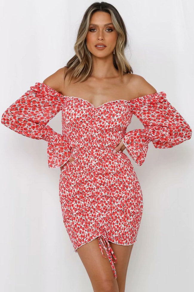 Off-Shoulder Ditsy Floral Shirred Puff Sleeve Drawstring Hem Bodycon Mini Dress