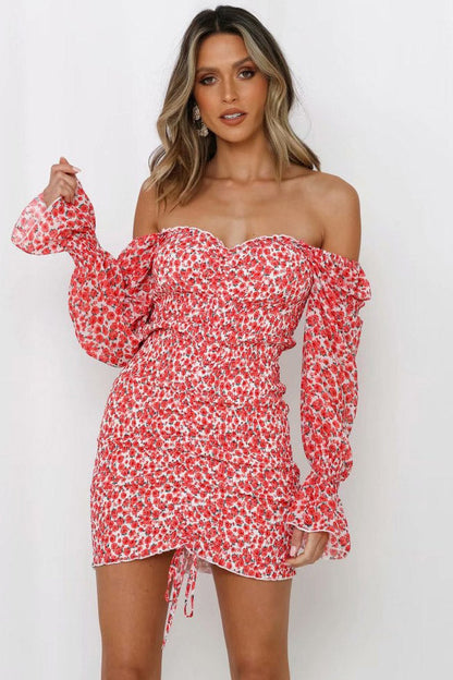 Off-Shoulder Ditsy Floral Shirred Puff Sleeve Drawstring Hem Bodycon Mini Dress