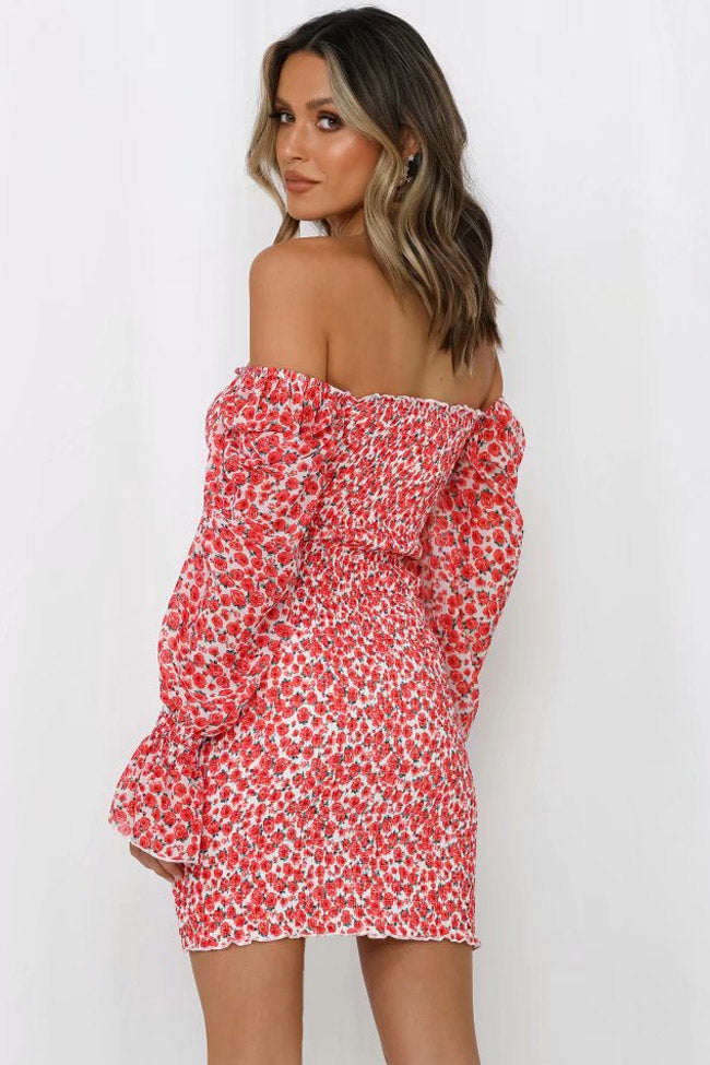 Off-Shoulder Ditsy Floral Shirred Puff Sleeve Drawstring Hem Bodycon Mini Dress