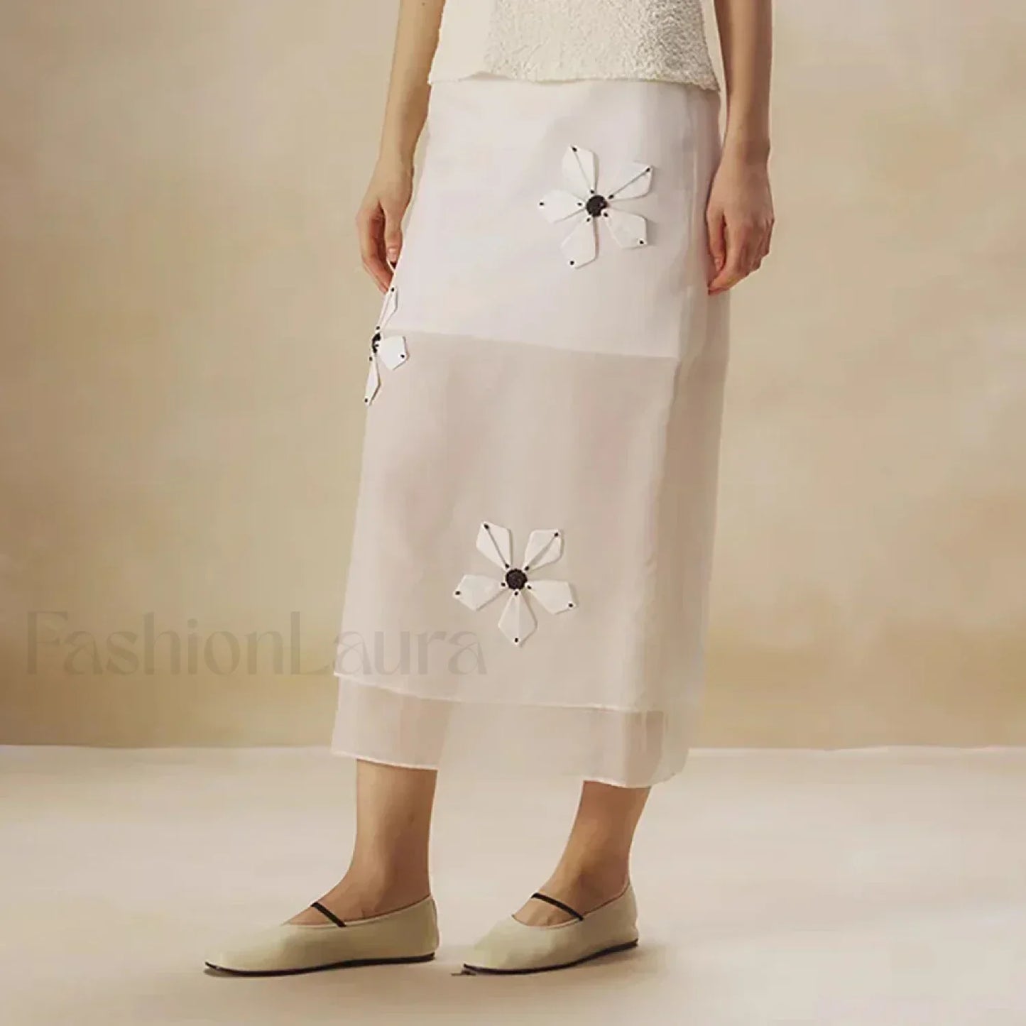 Floral Organza Back Slit Cotton Skirt