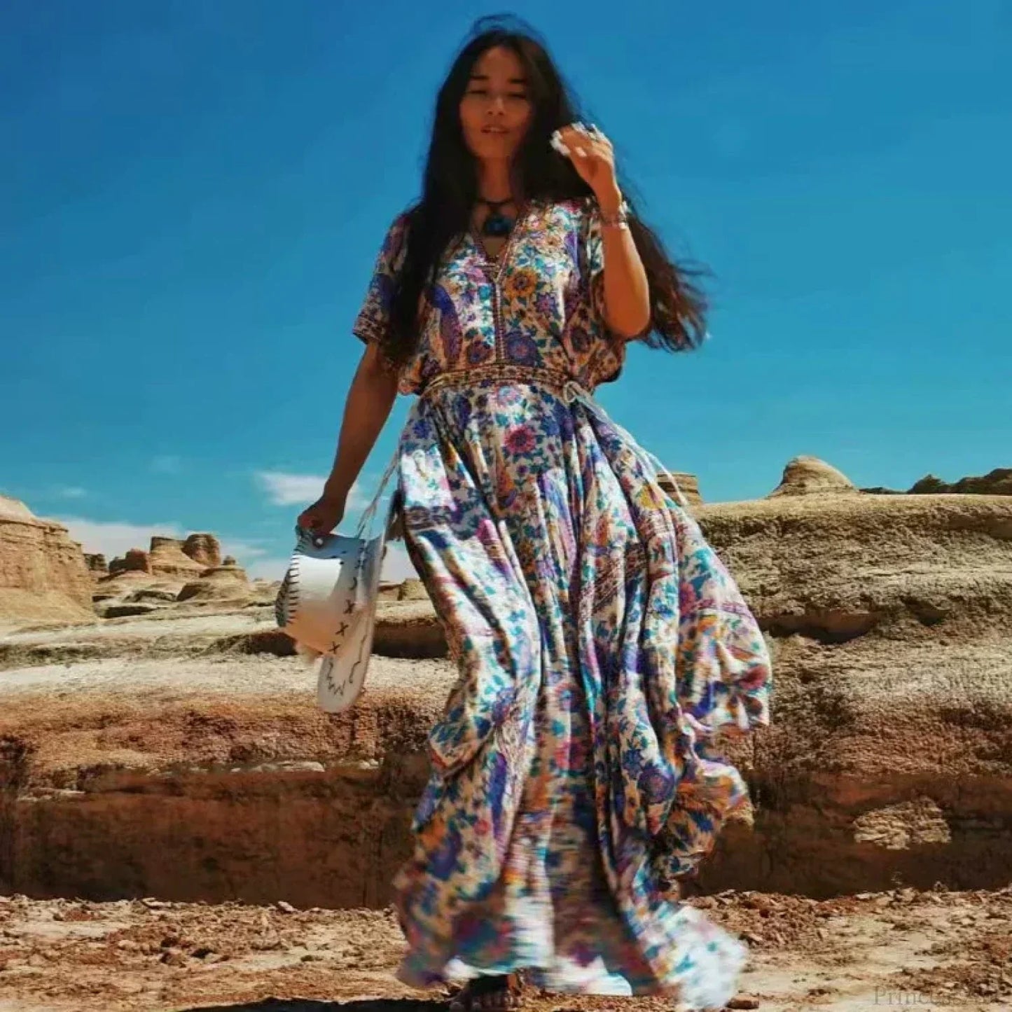 Floral Print Bat Sleeve V-neck Tassel Maxi Rayon Boho Dress